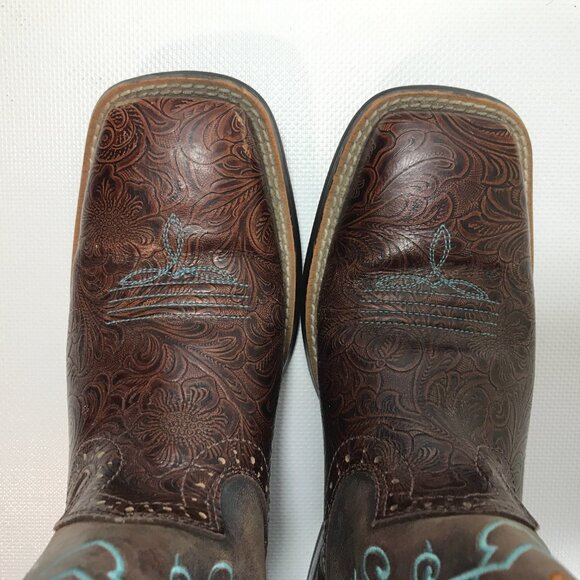 Ariat Boots Women 8 Fatbaby Brown Teal Embroidered Floral Square Toe Western - Picture 9 of 14